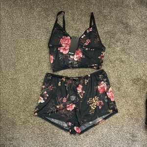 Nasty Gal Black and Pink Sheer Floral Intimates Pajama Set